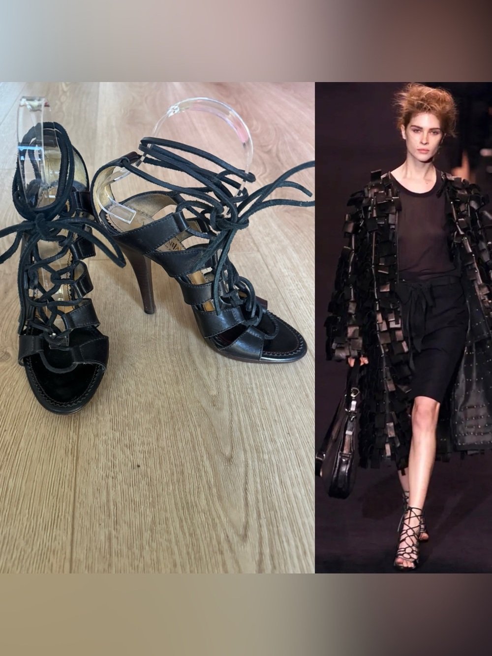 Vintage YSL Yves Saint Laurent Tom Ford 2002 Black Leather LaceUp Heels 38.5 Y2K